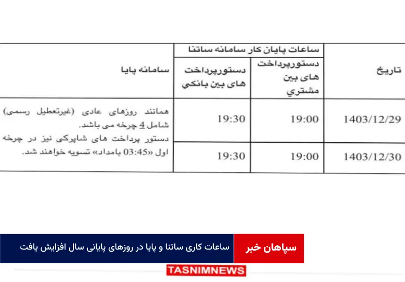 ساعات کاری ساتنا و پایا در روزهای پایانی سال افزایش یافت