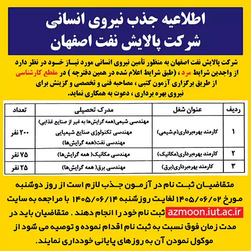  اطلاعیه جذب نیروی انسانی شرکت پالایش نفت اصفهان