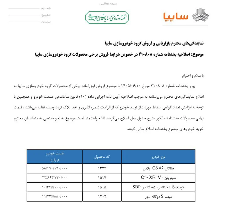 «گروه خودروسازی سایپا قیمت چهار محصول خود از جمله چانگان CS55 پلاس و سهند S را به دلیل افزایش هزینه‌های گواهی اسقاط خودرو افزایش داد.»